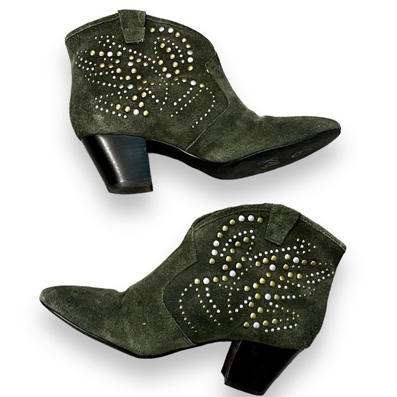 ASH Spirit Ankle Boots Studded Green Suede Slip on Heels Western Size 38/US7 - Picture 1 of 10